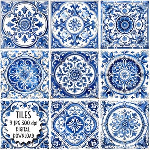 May include: Nine digital tiles featuring a blue and white floral pattern. The tiles are 300 dpi and are available for digital download. TILES 9 JPG 300 dpi DIGITAL DOWNLOAD