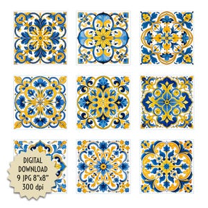 May include: Nine digital printable tiles with a blue and yellow floral pattern. Each tile is 8 inches by 8 inches and 300 dpi.