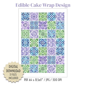 Può includere: Un design digitale per un involucro commestibile per torte. Il design presenta un motivo ripetuto di piastrelle ad acquerello nei toni del blu, verde e viola. L'immagine include il testo "Edible Cake Wrap Design" e "DIGITAL DOWNLOAD 3 FILES INCLUDED".