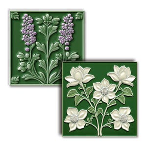 2 floral tile images, glazed ceramic texture, on a green background