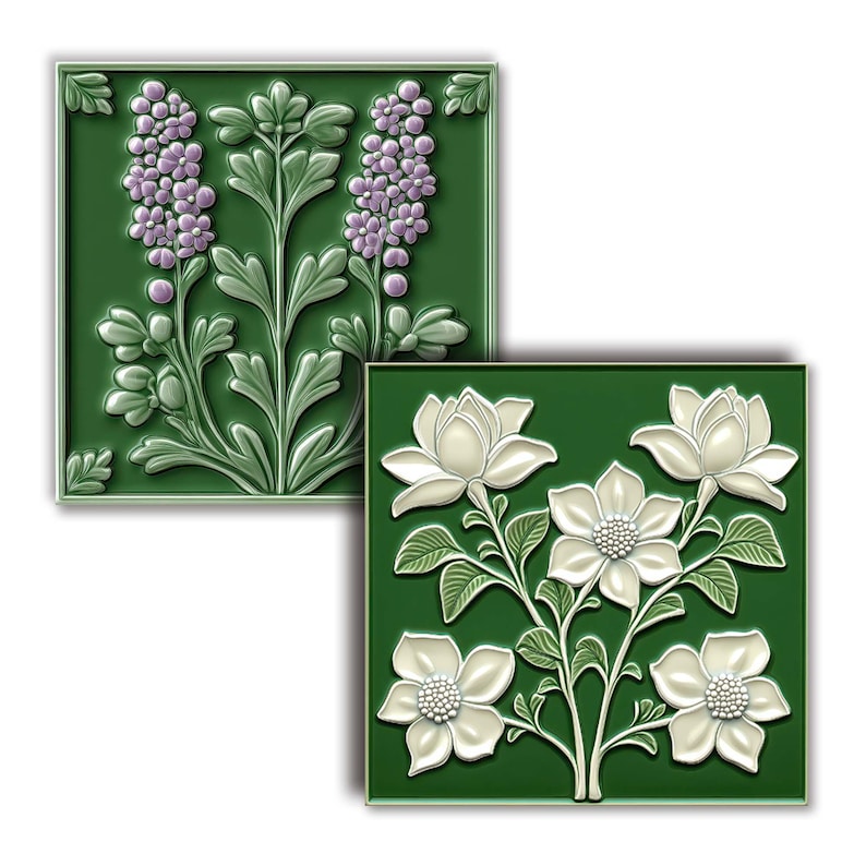 2 floral tile images, glazed ceramic texture, on a green background