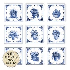 Op de afbeelding: Negen vierkante digitale kunstprints met blauw-witte bloemmotieven. Elke print toont een andere opstelling van bloemen in decoratieve potten, met sierlijke hoekranden. De prints zijn 20.32 cm x 20.32 cm en zijn beschikbaar als digitale download.