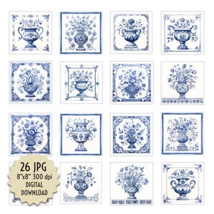 May include: Set of 26 digital printable images featuring blue and white floral designs in urns. Each image is 20.3 cm by 20.3 cm and 300 dpi.