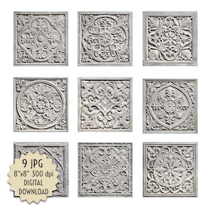May include: Nine square, gray decorative wall panels with ornate, raised floral and scrollwork designs. Each panel is 8" x 8" and features a unique pattern. The image includes text that reads "9 JPG 8"x8" 300 dpi DIGITAL DOWNLOAD."