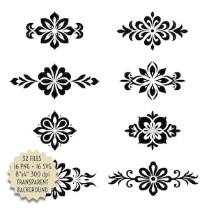 Clipart di bordi ornamentali floreali, elementi di design vettoriali di fiori decorativi, download digitale di sfondo trasparente SVG PNG nero