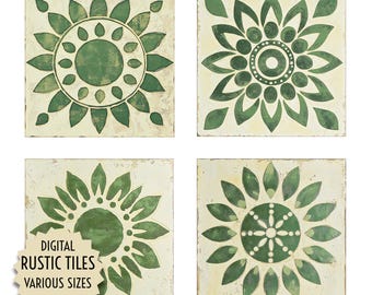 Rustic Tile Digital Set, Aged Green and White Floral Patterns, Vintage Aesthetic for DIY, Scrapbooking, Dollhouses, Instant Download JPG