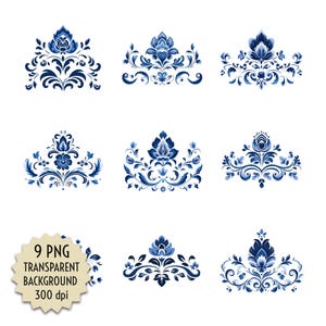 Bordes ornamentales, barrocos, conjunto de imágenes prediseñadas florales azules, 9 PNG, fondo transparente, descarga digital para invitaciones, manualidades, impresión