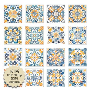Könnte beinhalten: Set mit 16 digitalen Aquarell-Fliesendesigns in Blau, Gelb und Weiß. Jede Fliese zeigt ein einzigartiges geometrisches Muster. 20,32 cm x 20,32 cm bei 300 dpi.