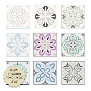 Pastel Colored Vector Drawing Tiles Pattern Floral Geometric Mosaic 8x8 Digital Design Download Printable PNG SVG Decor Kitchen Bathroom