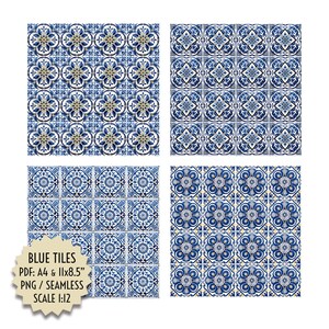 May include: Four sets of blue and white patterned tiles. The tiles feature floral and geometric designs in shades of blue, white, and gold. The text "BLUE TILES" is visible, along with PDF and PNG details.