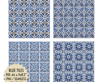 Printable Blue and White Tiles for Dollhouses | Mediterranean Style | 1:12 Scale | Seamless Pattern | PDF A4 & Letter and PNG