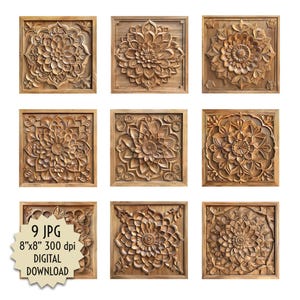 Gesneden eikenhouten bloementegels, rustieke decoratieve mozaïektegels voor meubels, wandbekleding, ambachten. Digitaal afbeeldingsbestand downloaden om af te drukken