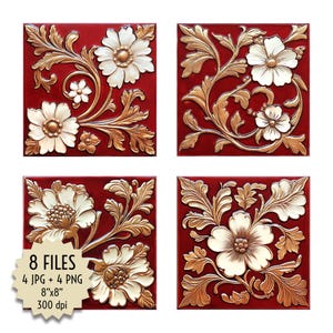 Azulejos de cerámica con motivos florales en dorado burdeos vintage, relieve cuadrado, imágenes prediseñadas de mosaico para papel tapiz de pared, manualidades de bricolaje, imágenes para descarga de impresión digital