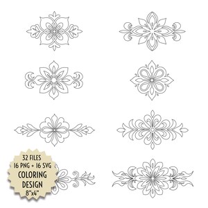 Puede incluir: Ocho elementos de diseño floral en blanco y negro. Los diseños incluyen patrones florales simétricos y asimétricos. Una etiqueta beige en la esquina inferior izquierda dice "32 FILES 16 PNG + 16 SVG COLORING DESIGN 8"x4"" (aproximadamente 20cm x 10cm).