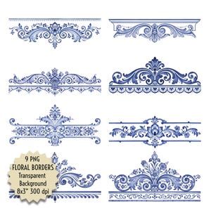 May include: Nine PNG floral borders in shades of blue and white, featuring ornate scrollwork and floral designs. The borders vary in shape and style, with some including scalloped edges. The image includes text that reads "9 PNG Floral Borders Transparent Background 8x3" 300 dpi."