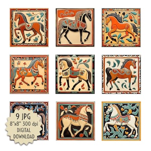 Azulejos de caballos de estilo rústico para casas rurales, cabañas de montaña, decoración de pared, arte popular para amantes de la naturaleza, archivos de imágenes imprimibles digitales