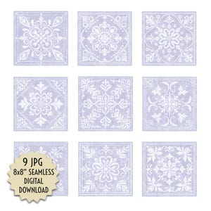 May include: Nine square tiles with intricate white floral patterns on a light purple background. Each tile features a unique design within a square frame. The image includes text that reads "9 JPG 8x8" SEAMLESS DIGITAL DOWNLOAD".