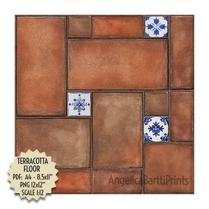 May include: Terracotta floor design with rectangular and square tiles in shades of brown and tan. Decorative blue and white floral tiles are interspersed throughout the pattern. The text "TERRACOTTA FLOOR" and other details are visible.