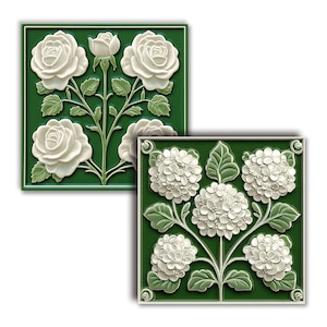 2 floral tile images, glazed ceramic texture, on a green background