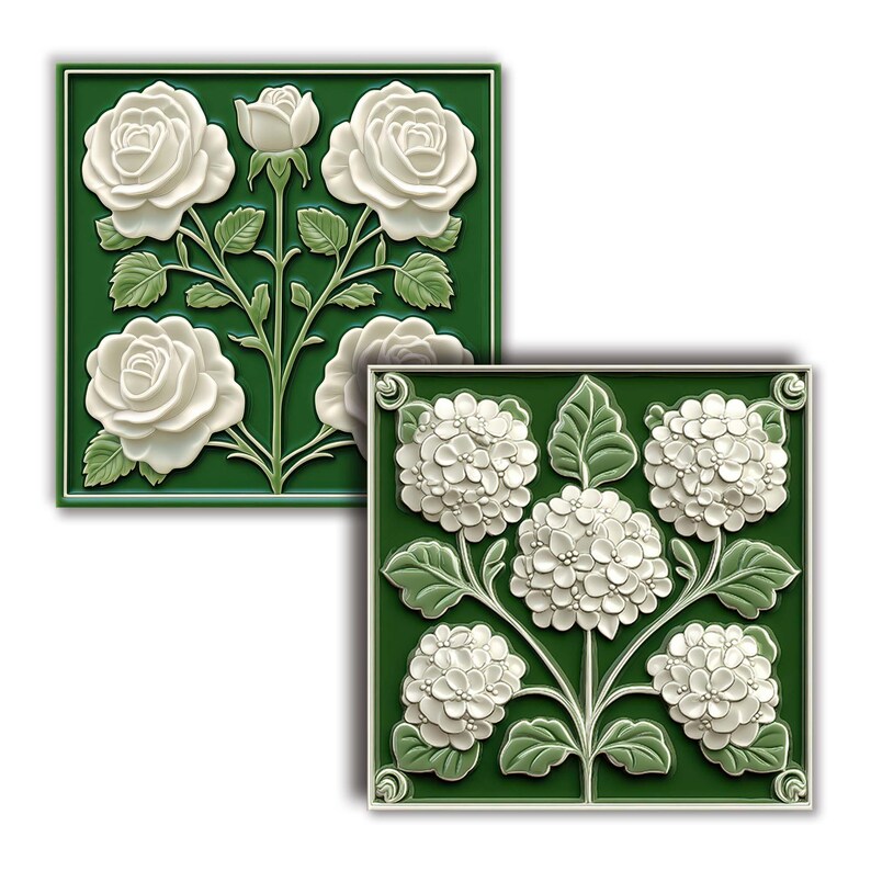 2 floral tile images, glazed ceramic texture, on a green background