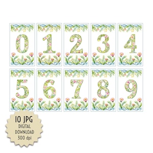 Azulejos con números, flores de primavera, acuarela pastel estilo vintage, dígitos para letreros, bricolaje, puertas, arte imprimible, archivos digitales, descarga instantánea
