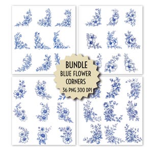 May include: A collection of blue floral corner designs on a white background. The image features various floral arrangements, including roses, daisies, and other flowers. The text in the center reads "BUNDLE BLUE FLOWER CORNERS 36 PNG 300 DPI".