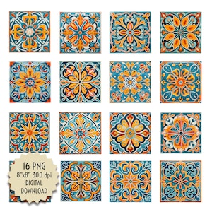 May include: Set of 16 digital tile designs featuring intricate patterns in shades of blue, yellow, orange, and red. Each tile is 20.3 cm by 20.3 cm and 300 dpi.