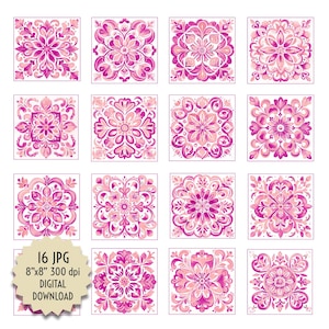 Puede incluir: Dieciséis descargas digitales cuadradas con diseños florales en tonos rosa y magenta. Cada cuadrado tiene un patrón simétrico único. La imagen incluye el texto "16 JPG 8"x8" 300 ppp DESCARGA DIGITAL."