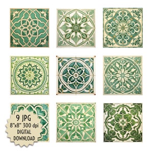 Può includere: Nove immagini digitali scaricabili di piastrelle con motivi verdi e dorati. Ogni piastrella misura 20,32 cm per 20,32 cm e 300 dpi.