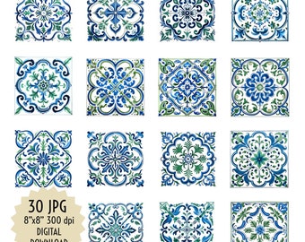 Vintage Blue and Green Tile Clipart: Set of 30 JPG Mediterranean-Style Tiles, Decoration and Design Printable Digital Download 8”x8” 300 dpi
