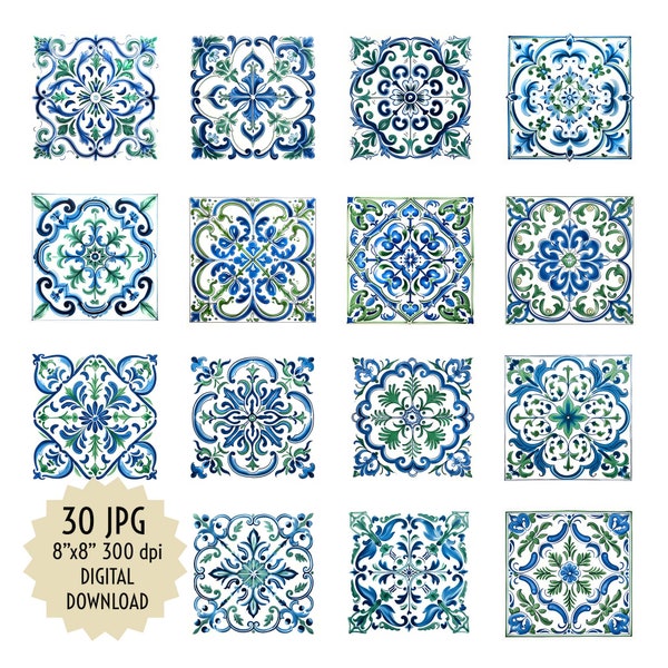 Vintage Blue and Green Tile Clipart: Set of 30 JPG Mediterranean-Style Tiles, Decoration and Design Printable Digital Download 8”x8” 300 dpi