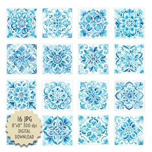 Könnte beinhalten: Set mit 16 digitalen Aquarell-Fliesendesigns in Blautönen. Jede Fliese zeigt ein anderes, filigranes Blumenmuster. Die Fliesen sind 20,32 cm x 20,32 cm groß und haben eine Auflösung von 300 dpi.