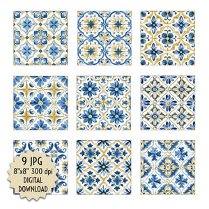 May include: Nine digital download images of blue and gold tile patterns. Each image is 8 inches by 8 inches and 300 dpi.