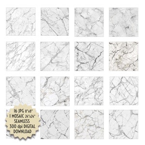 Puede incluir: Un conjunto de 16 texturas digitales de mármol sin costuras en un esquema de color blanco y gris. Cada textura mide 8 pulgadas por 8 pulgadas y se puede utilizar para crear un mosaico de 24 pulgadas por 24 pulgadas.