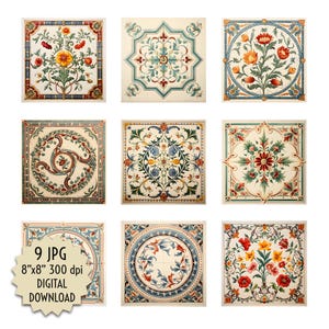 Azulejo clássico antigo floral para impressão digital para download de arquivo 8 x 8 polegadas mosaico decorativo casa cozinha backsplash cartão bege marrom creme marrom
