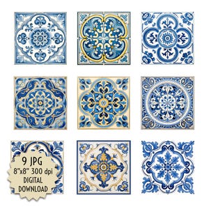 Carrelage bleu, clipart mosaïques vintage, style espagnol pour la décoration, design, bricolage, autocollants, image imprimable, téléchargement numérique, 9 JPG, 20 x 20 cm