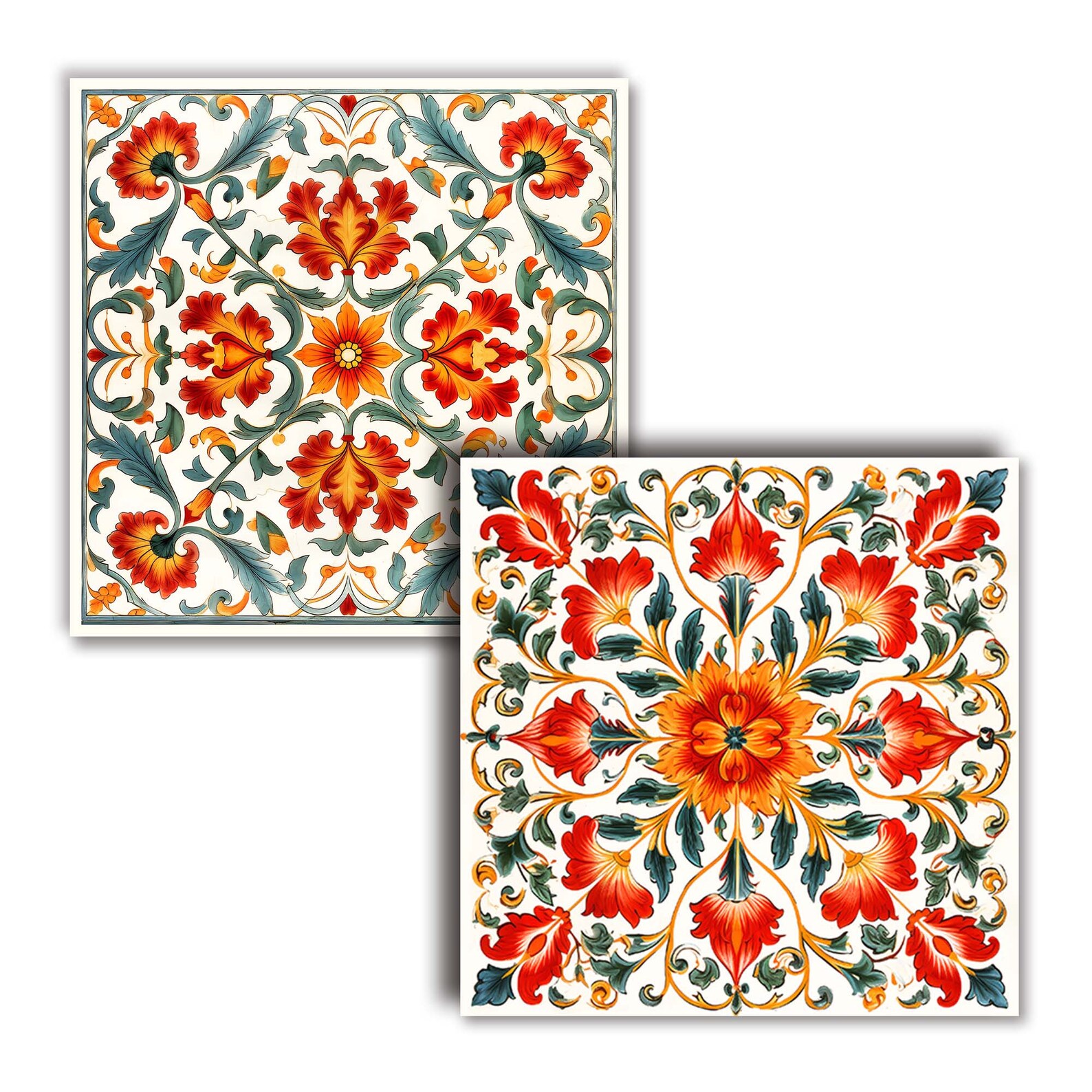 Red Orange Flowers Antique Spanish-style Geometric Tiles Decorative ...