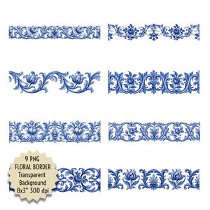 May include: Nine blue and white floral border designs. Each border features intricate floral and leaf patterns. The designs are displayed on a white background. The image includes text that reads "9 PNG Floral Border Transparent Background 8x3" 300 dpi."