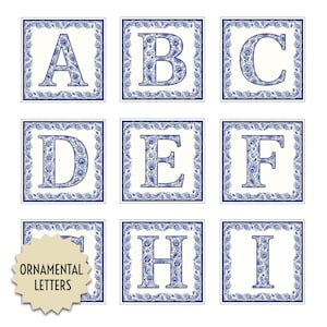 Puede incluir: Nueve baldosas cuadradas con las letras de la A a la I, cada una con un diseño floral azul. Las letras están centradas sobre un fondo blanco, enmarcadas por un borde floral azul. Las palabras "ORNAMENTAL LETTERS" están en forma de estrella beige.