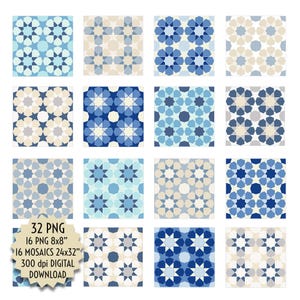 Ensemble de carreaux géométriques bleus et beiges, 32 mosaïques PNG transparentes 20 x 20 cm 24 x 32 cm, téléchargement numérique pour travaux manuels, scrapbooking, art mural, faire-part