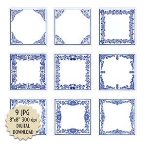 Puede incluir: Una colección de nueve marcos digitales cuadrados con bordes decorativos en azul y blanco con varios motivos de frutas y flores. Una etiqueta beige en forma de estrella en la esquina inferior izquierda muestra el texto 9 JPG 8"x8" 300 dpi DIGITAL DOWNLOAD.