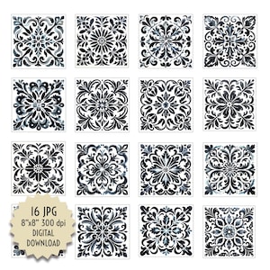 Zwarte aquarel tegels witte achtergrond mozaïek decoratief behang ambachtelijke keuken badkamer open haard Digitaal ontwerp Instant Download keramiek
