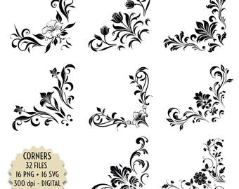 Floral Corner Ornament Set in Black, Vintage Decorative SVG PNG with Transparent Background, Flourish Clipart, Digital Download for Crafts