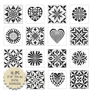 Czarno-białe płytki symetryczny geometryczny wzór clipart mozaika dekoracyjna podłoga meble tkanina rzemiosło ceramika cyfrowy projekt 8 x 8” JPG