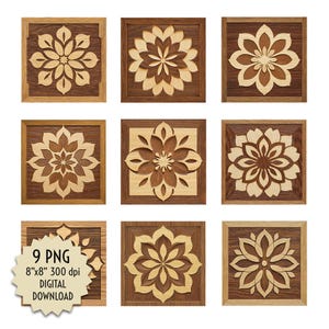 Puede incluir: Nueve paneles cuadrados de madera con diseños florales. Cada panel presenta un patrón floral diferente en tonos marrones y beige, dentro de un marco cuadrado. El texto "9 PNG 8"x8" 300 dpi DIGITAL DOWNLOAD" está en una etiqueta beige claro.
