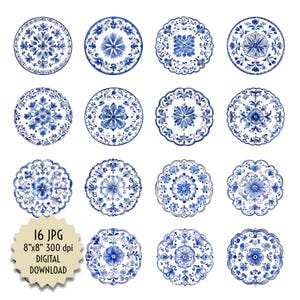 Diseño de clipart ornamental azul, forma circular, imágenes imprimibles para calcomanías, manualidades, transferencias en azulejos, platos, jarrones, descarga digital