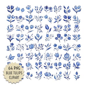 Puede incluir: Una colección de 64 imágenes prediseñadas de tulipanes azules en varios diseños. Las ilustraciones de acuarela presentan arreglos florales detallados con hojas y capullos en tonos azules. Un gráfico de estrella beige muestra el texto "64 PNG BLUE TULIPS CLIPART".