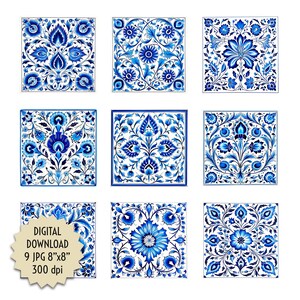 May include: Nine digital printable tiles featuring blue and white floral patterns. Each tile is 8 inches by 8 inches and 300 dpi.
