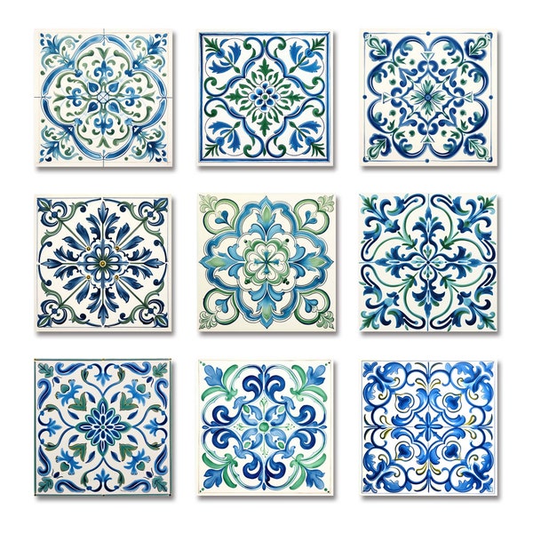 Hand-painted green and blue tile bundle, geometric patterns on white background, JPG format, 8x8 inches, 300 dpi printable digital download