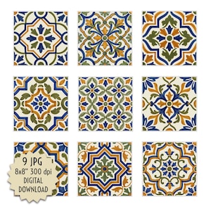Può includere: Nove immagini digitali quadrate scaricabili con intricati disegni di piastrelle. Ogni piastrella presenta un motivo unico con sfondo crema e accenti blu, verdi e oro. Le piastrelle misurano 20,3 x 20,3 cm.